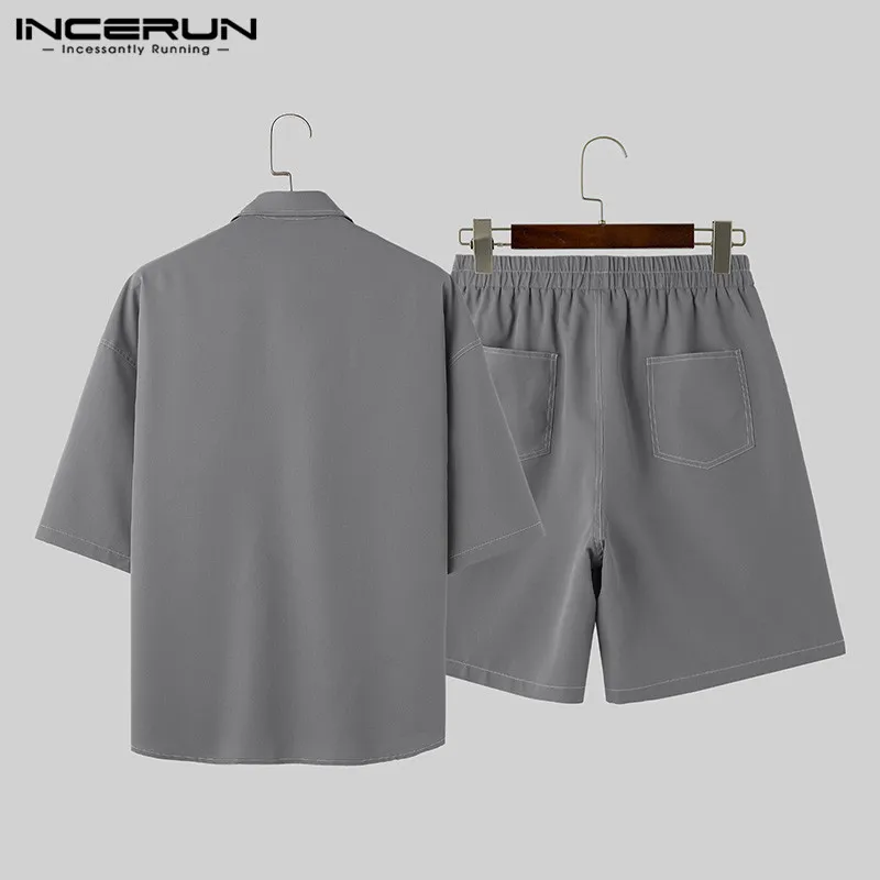 INCERUN 2024 Korean Style Men\'s Sets Line Splicing Design Short Sleeved Shirt Shorts Casual Streetwear Male Two-piece Sets S-5XL