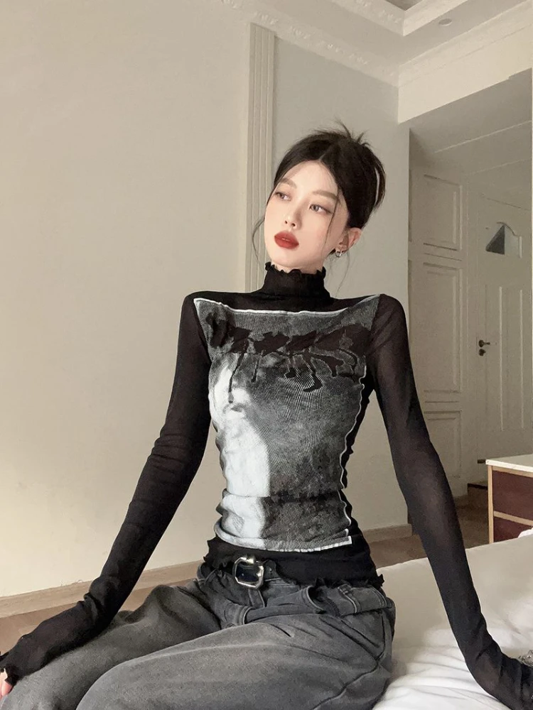 Y2k Estetica Vintage Patchwork Tees Slim Fit Streetwear Dolcevita Magliette Donna Harajuku Grunge Crop Mesh Stampa Top neri