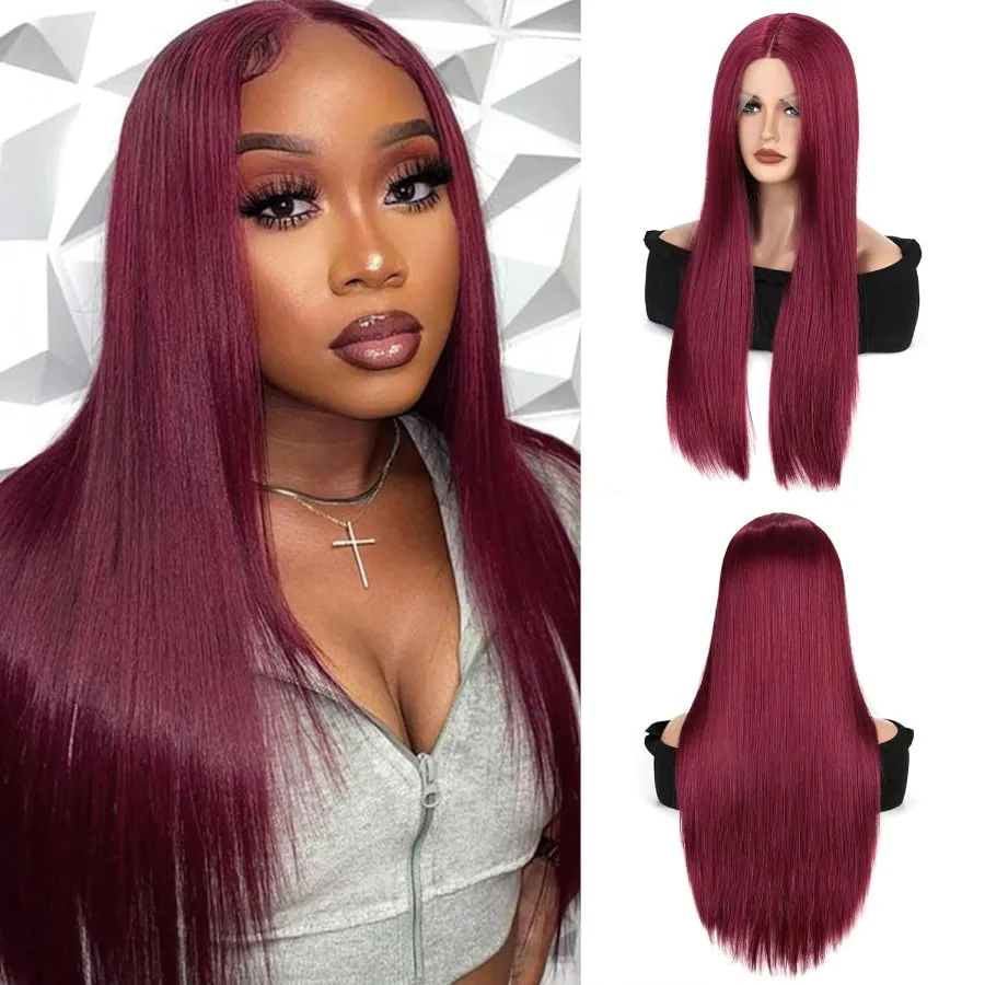 الاصطناعية الدانتيل الجبهة الباروكات للنساء شعر أحمر مستقيم غلويليس 13x4x1 طويل مستقيم ألياف طبيعية مقاومة للحرارة شعر مستعار طبيعي واي فاي #1