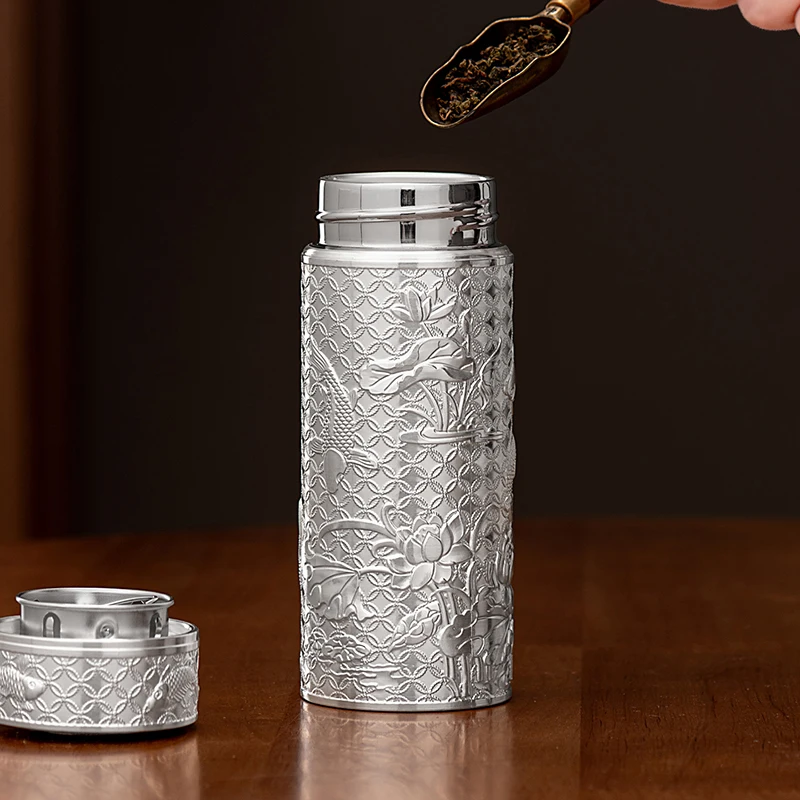 999 Sterling Silver Portable Thermos Bottle Embossed with Wealth Pi Xiu Koi Phoenix Pattern for Health Teacup 135ml/220ml/290ml