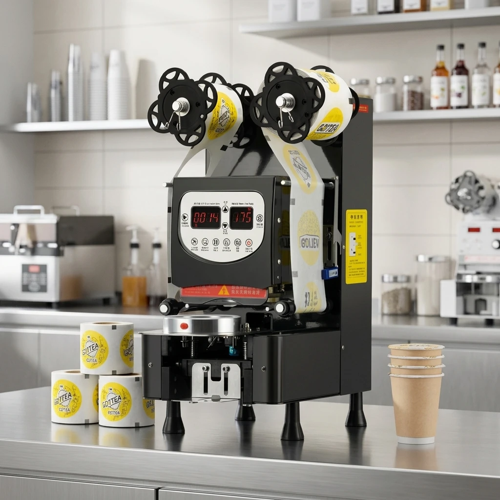 Baiwin Automatic Plastic Pp Paper Bubble Tea Cup Sealing Machine 90 95 Caliber Hot Drinks Sealer Machine For Milk Tea Shop