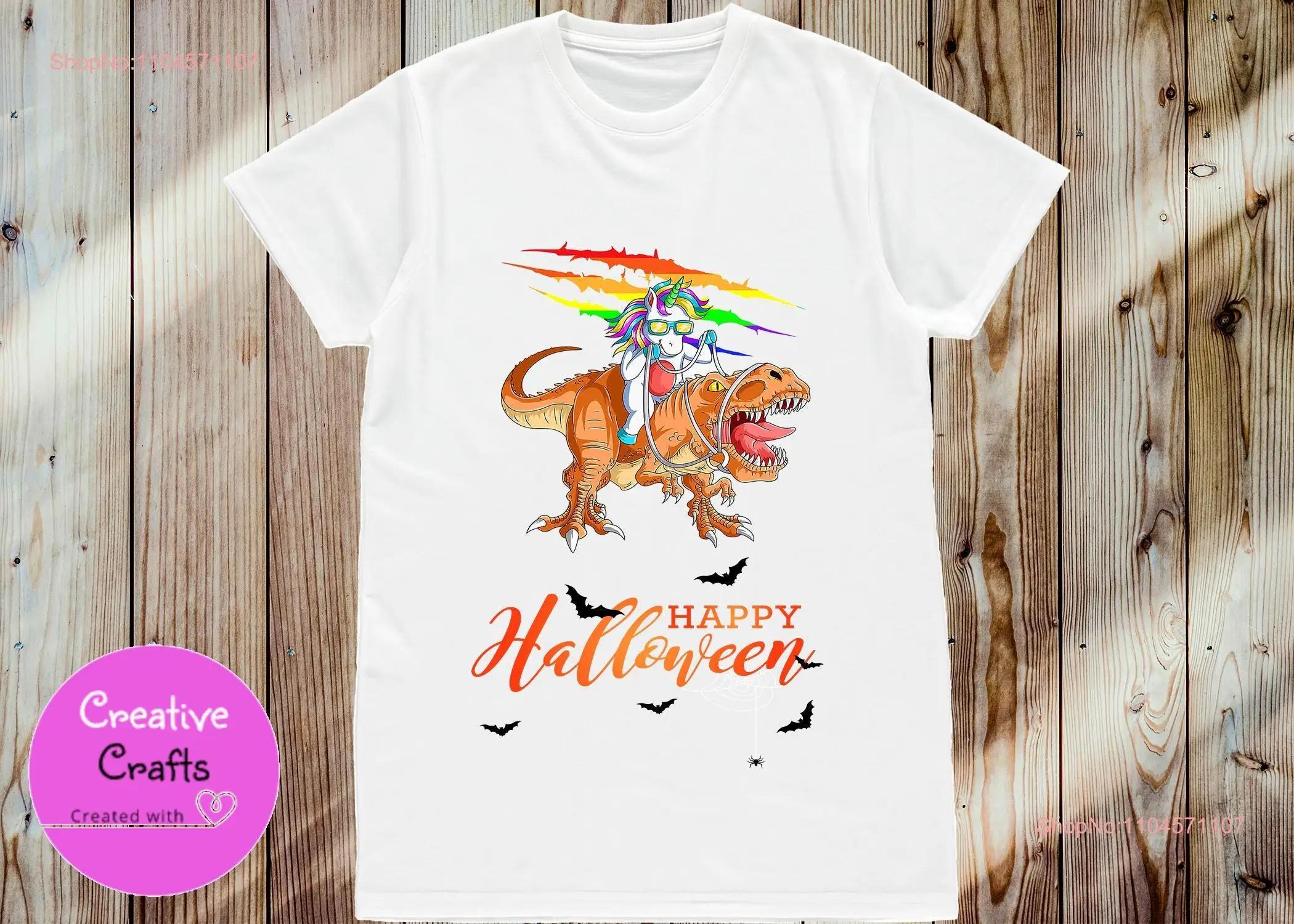 

Happy Halloween Unicorn Rides T Rex White Classic shirt d long or short sleeves