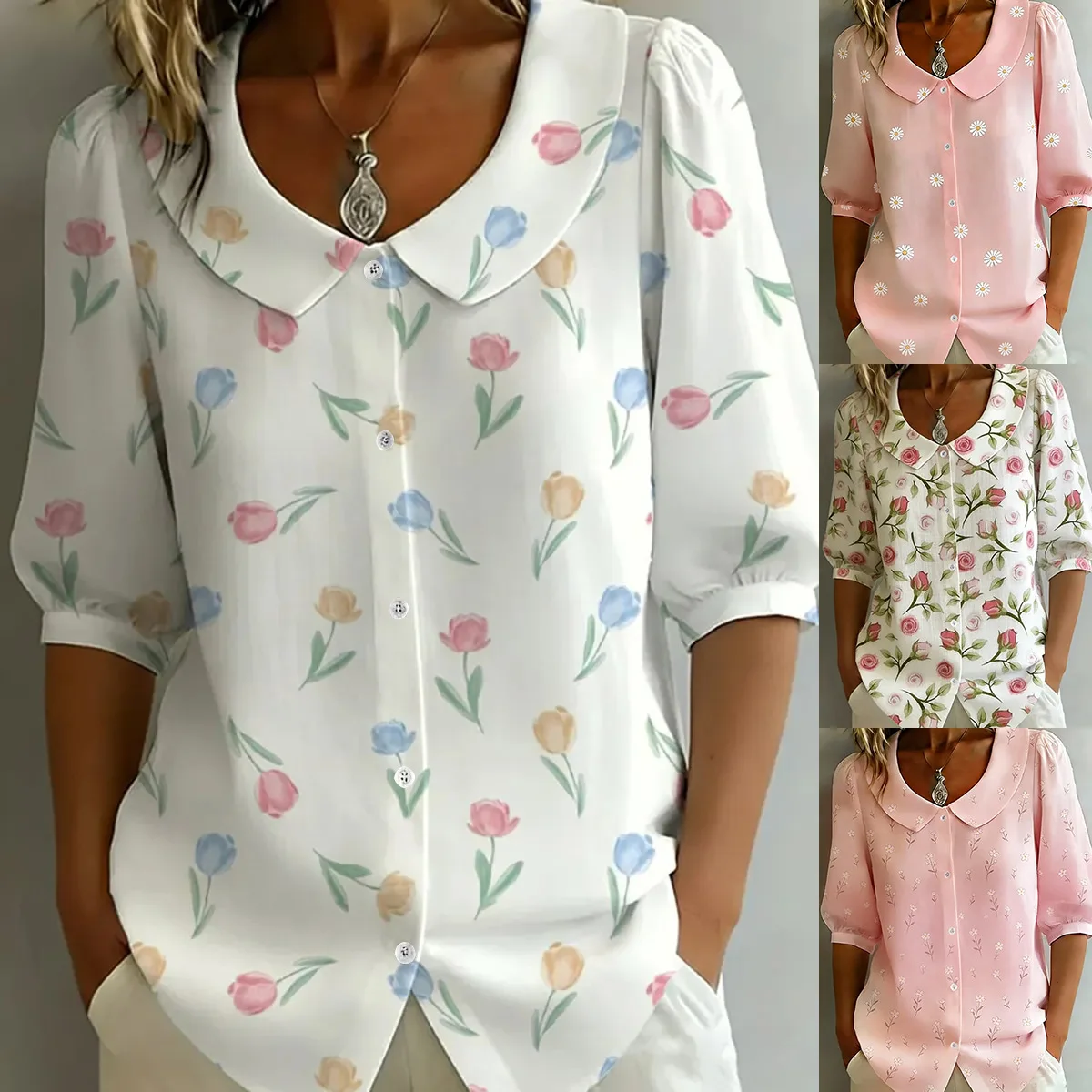 

Spring Summer New Sweet Doll Collar Women Short Sleeved Shirt Versatile Solid Color Female Casual Blouses