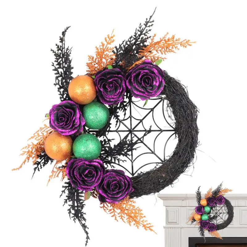 Halloween Rose Wreath spider web simulation black rose vine ring Wreath haunted house dress up door hanging Garland with Balls