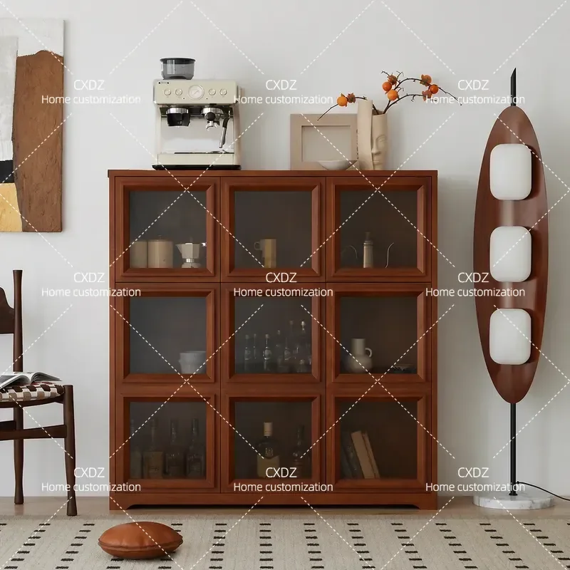 Solid wood retro figure display cabinet, antique glass door display cabinet, household cherry wood combination side cabinet
