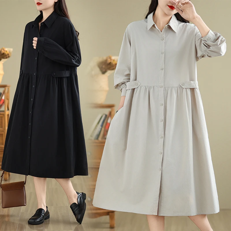 2025 Primavera Verano Color sólido cuello vuelto vestido acampanado de mujer vestidos camiseros casuales de manga larga ropa elegante de moda