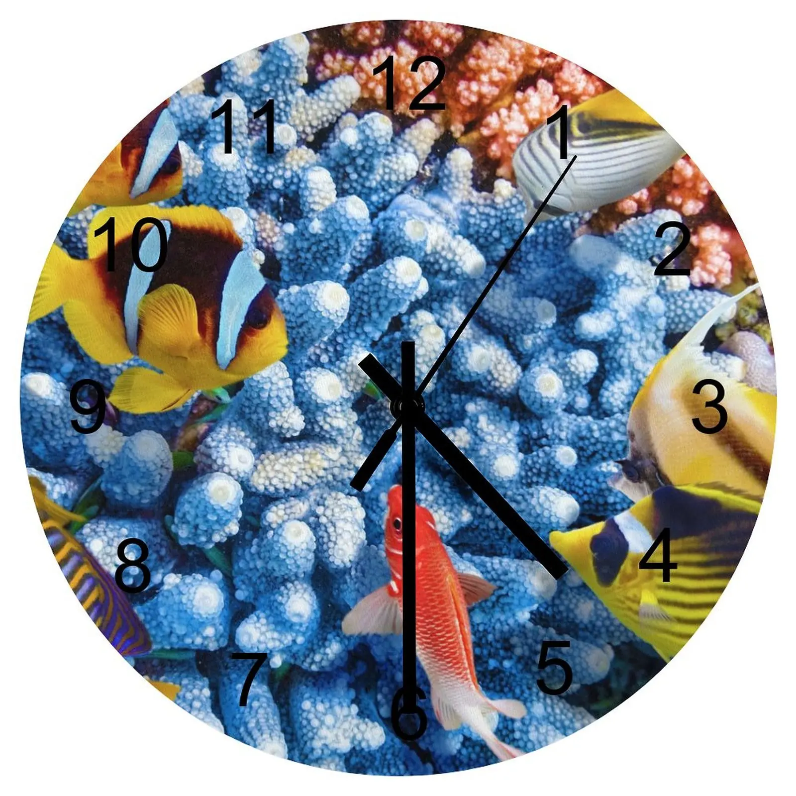 Hallway Wall Clock Grand fish schools Clocks 12 inch Mute Wood Round Multicolor Durable Retro