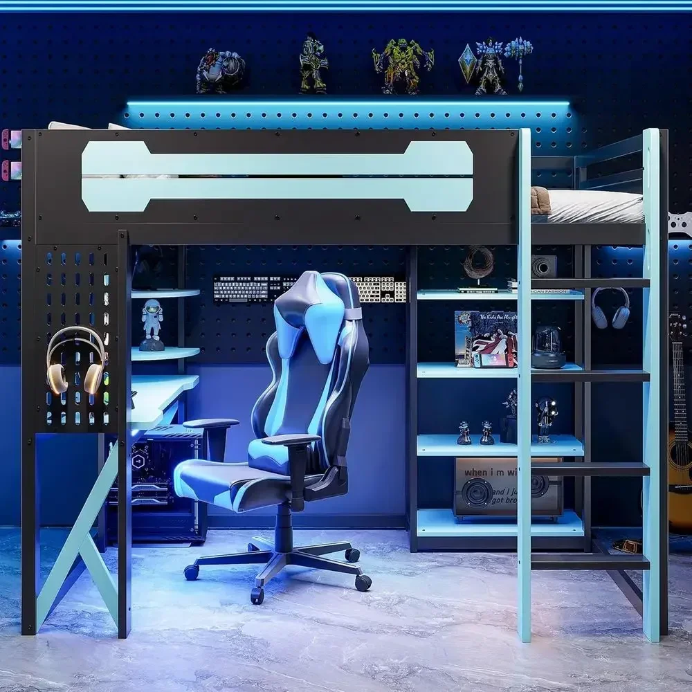 Full Size Gaming Loft Bed with Desk, USB Ports, LED Lights, Hanging Board, Ladder, and Guardrails - Black & Blue