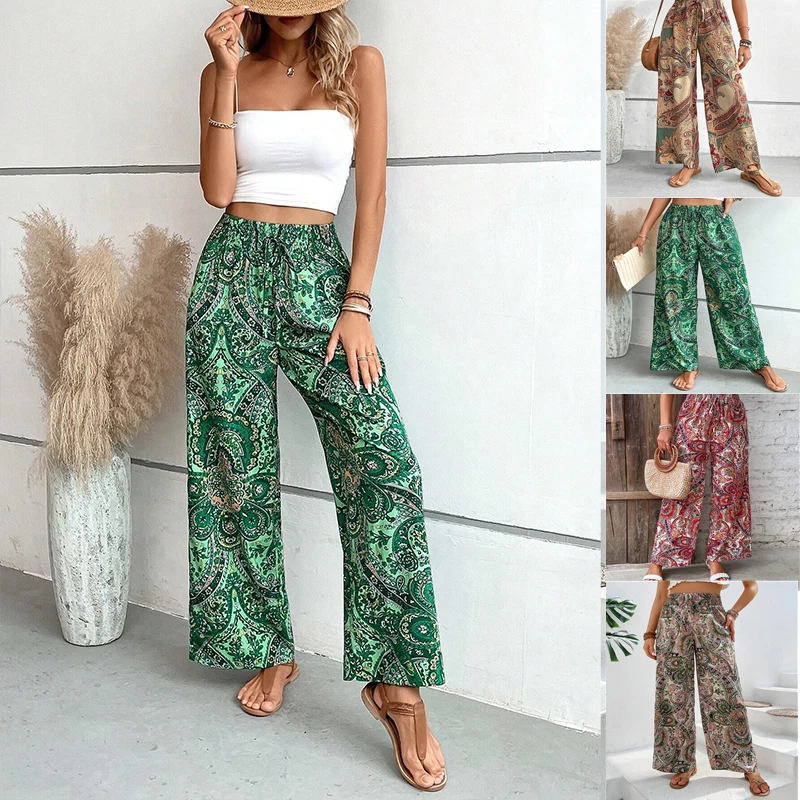 Summer Printing Wide Leg Pants for Women Straight Trouser New Fashion Elastic Waist Versatile Breathable Grace Ladies Streetwear