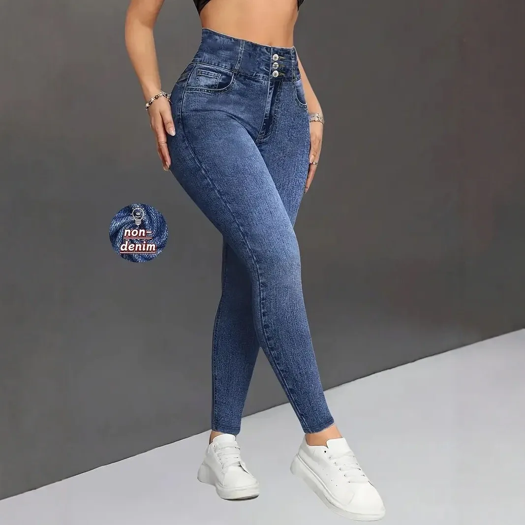Damen High-Waist Hose in Denim-Optik, Slim Fit, Elastischer Bund, Bauchkontrolle, Po-Lifting, Lässige Hose – Detail 2
