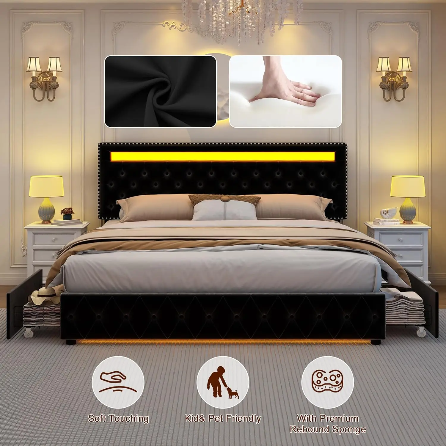 Queen-LED Bed Frame com 4 gavetas de armazenamento, controle inteligente, RGBW luzes LED, cabeceira Footboard, DIY Cor, Novo