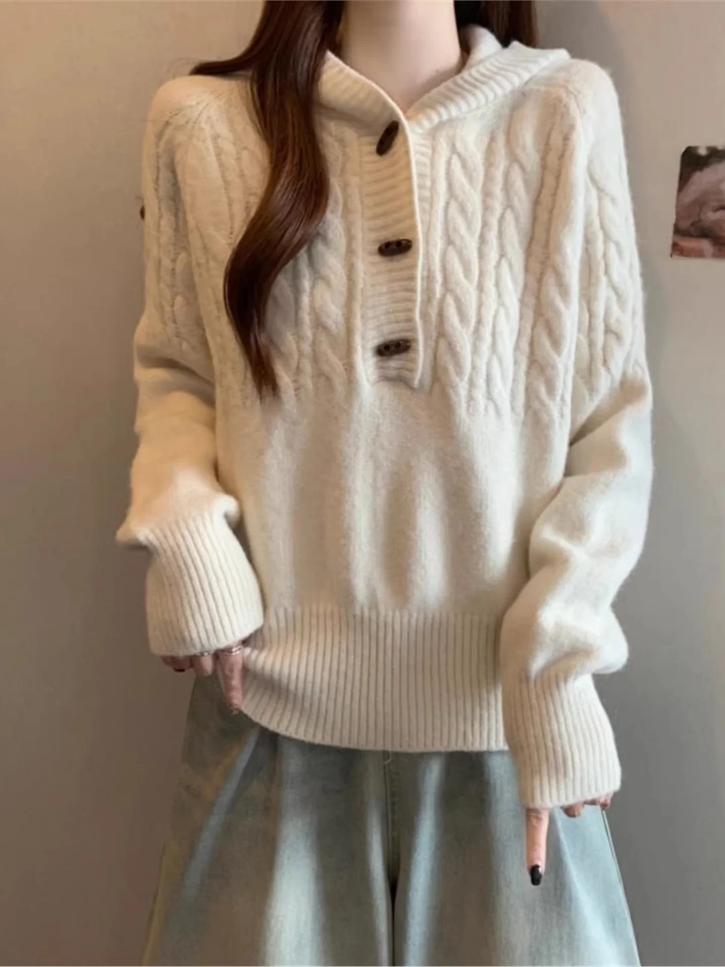 

Unique Beautiful Hooded Knitwear with Button Design Loose Fit Autumn Winter plus Size Women's Faion Soft Long Sve Top