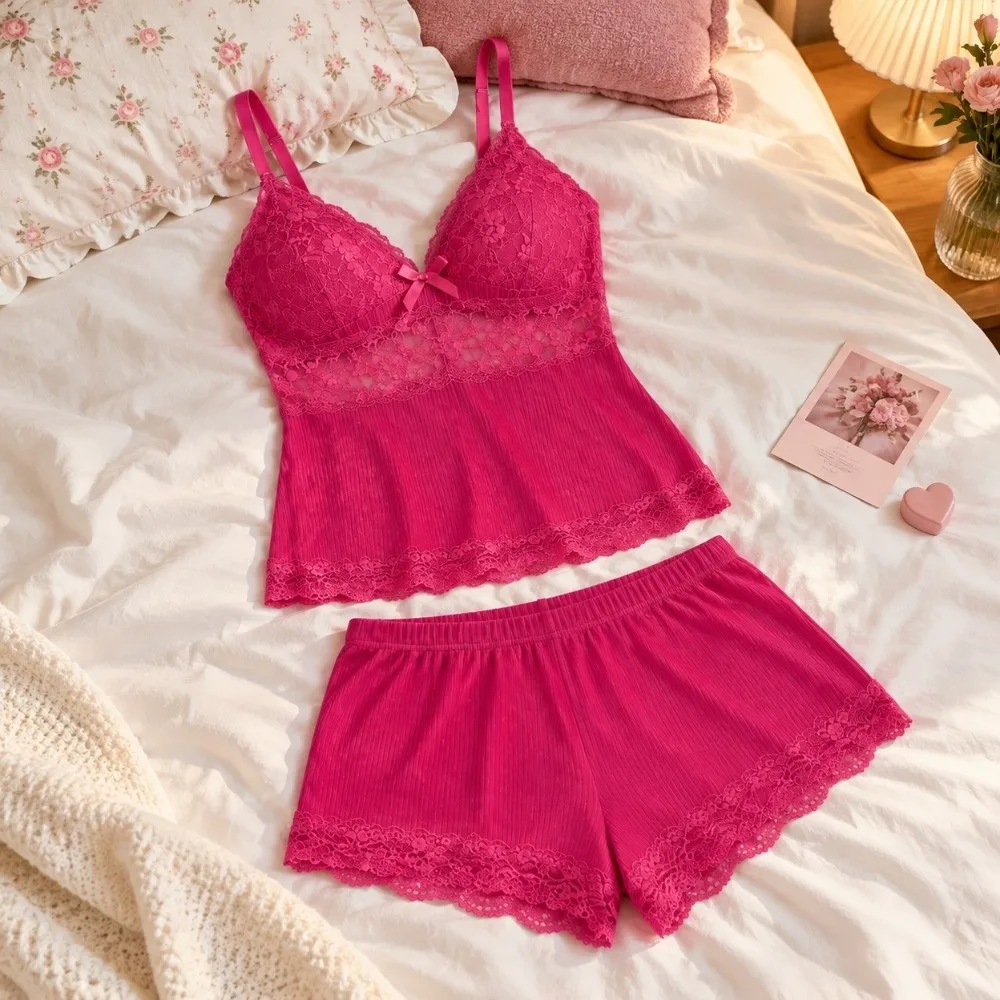Elegant Lingerie Lace Short Pajamas Set Mesh V Neck Women's Pajamas Sleeveless Loungewear Set All-Day
