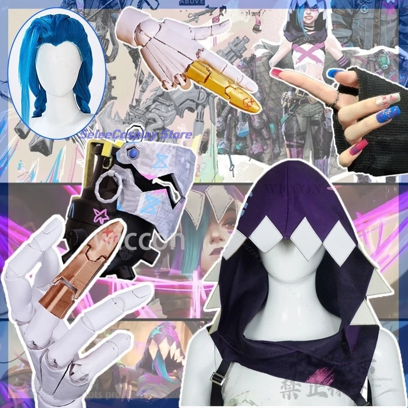 Anime Style Arcane Game LOL Cosplay Jinx Shark Weapon Fantasia Finger Cots Wigs Costume Accessories For Halloween Christmas