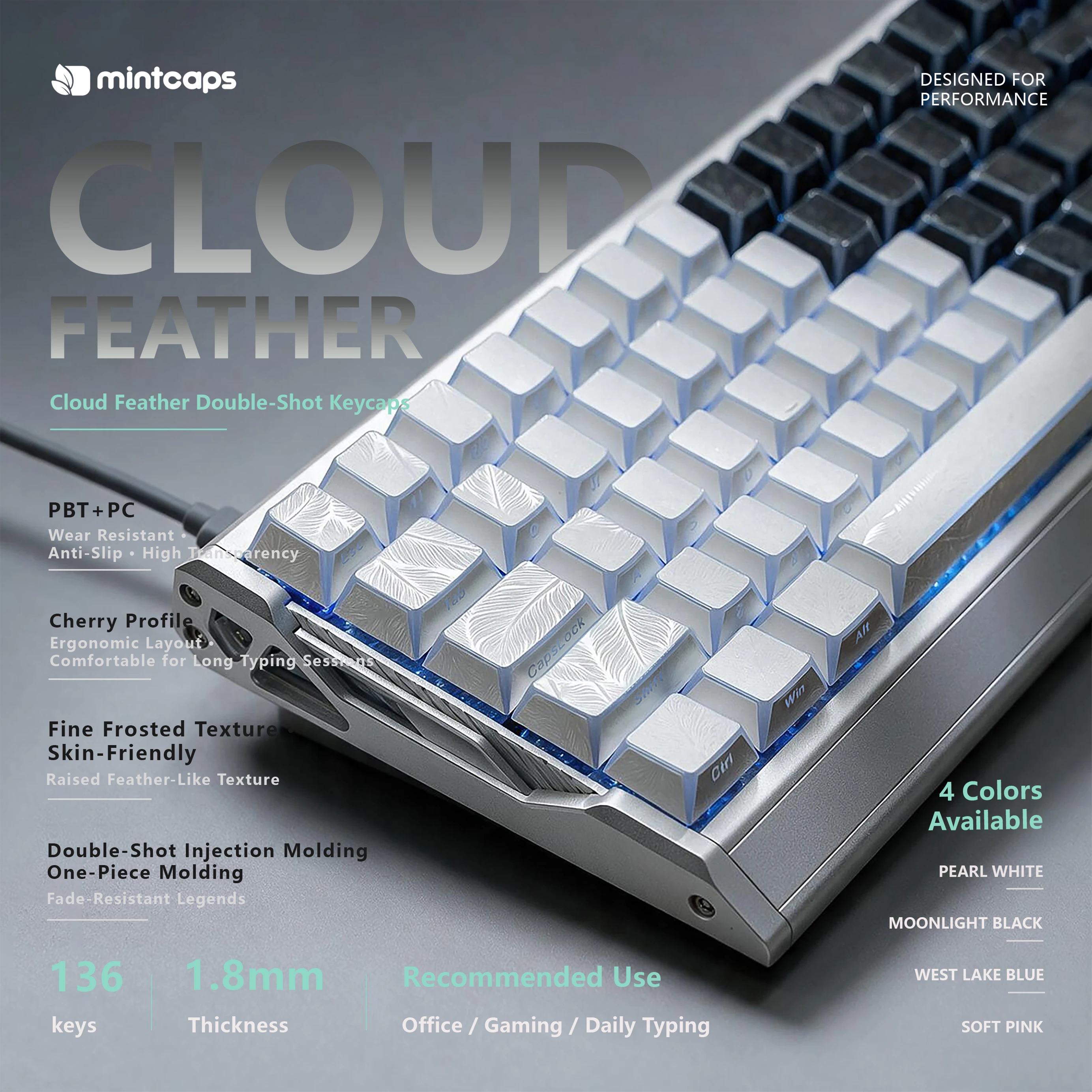 Mintcaps Could Feather Keycaps Double Shot Cherry profile PBT keycaps Set Side Print Backlit Key caps For MX Mechanical keyboard