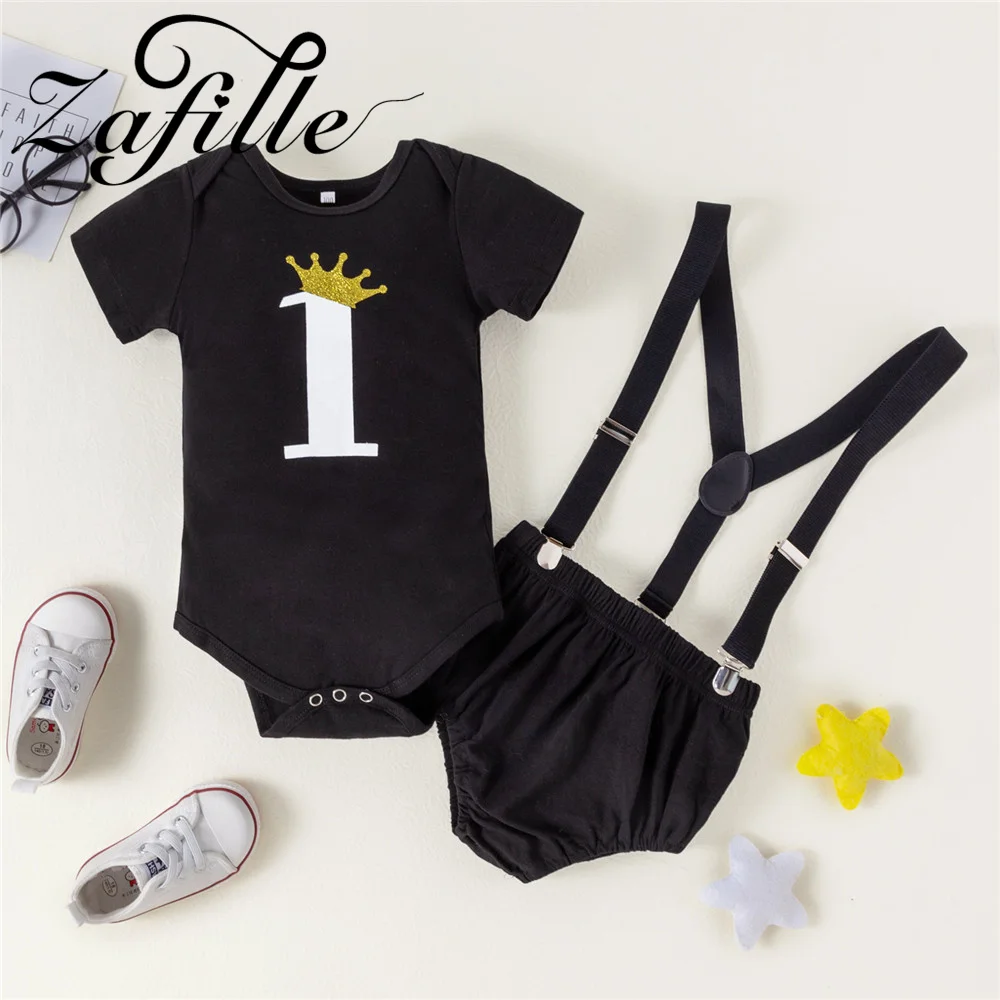 

ZAFILLE First Birthday Boys Outfits Letter Printed Baby Bodysuit+Overalls Party Wedding Kids Toddler Costume Summer Children Set