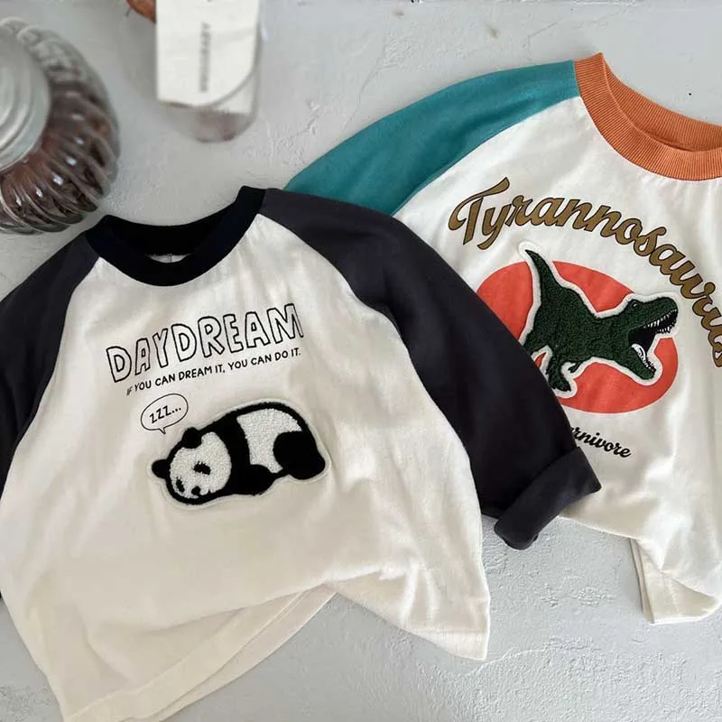 Cute Dinosaur Bear Cartoon Pattern Long Sleeves T-shirts for Kids Boys Girls Spring Autumn Loose Casual Outfits for Children