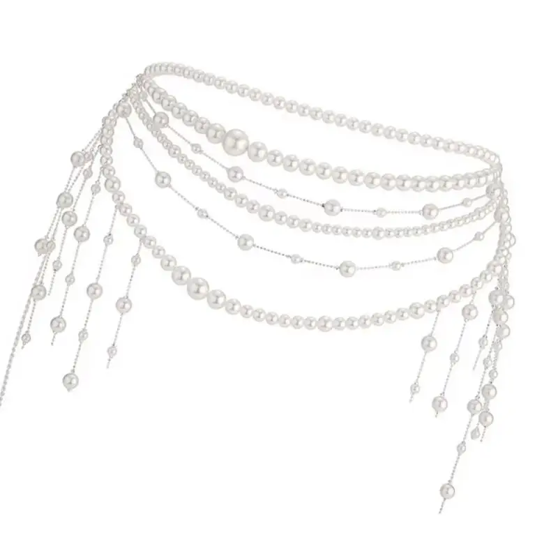 

39BB Multi Layered Waist Chain Beaded Belly Chain Jewellery with Imitation Pearls Tassels Accents for Various Occasion