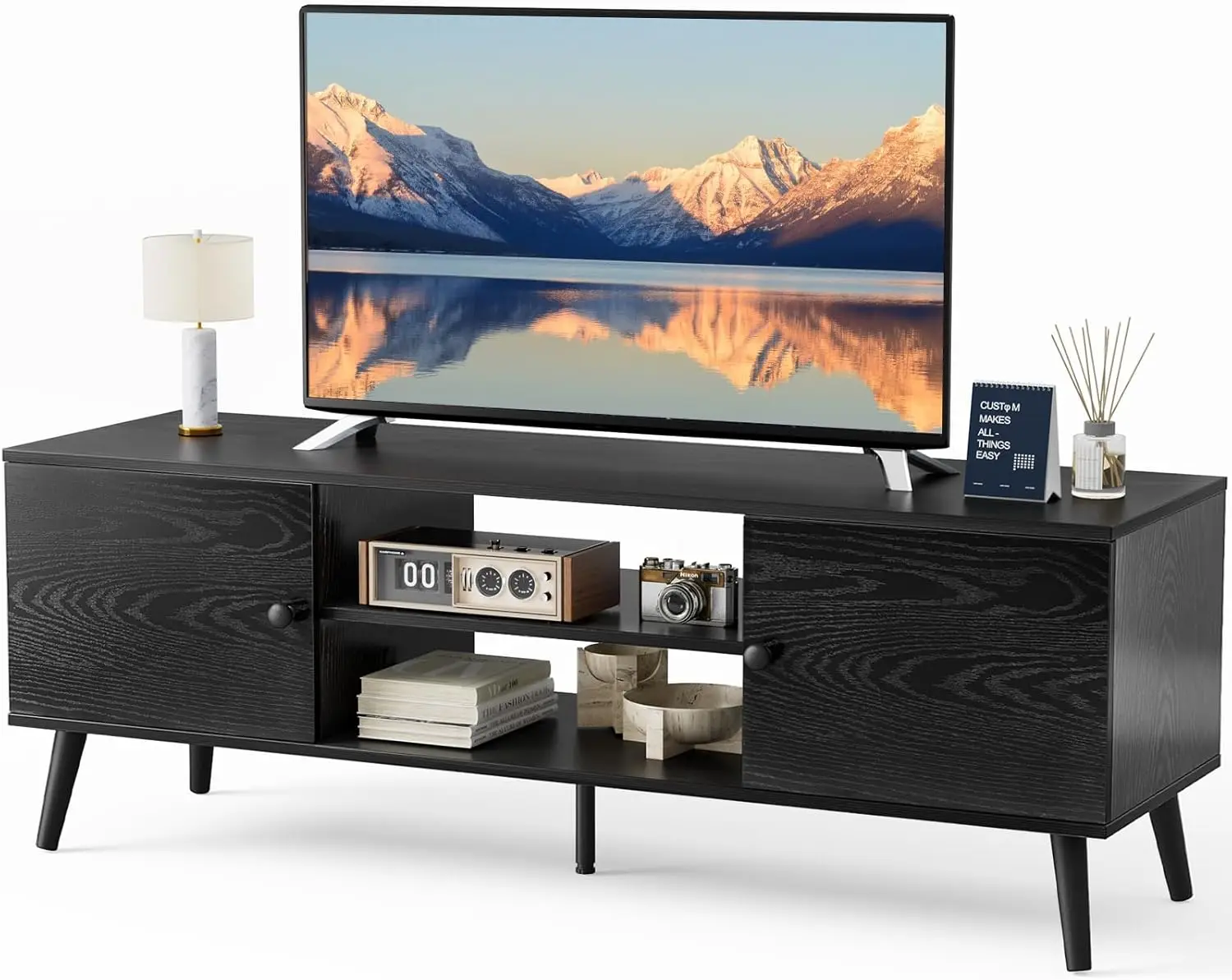 

TV Stand for 55 60 inch TV, Modern Mid Century Entertainment Center with Storage, Media Console Table 2 Cabinet, Soft Hinge, Han