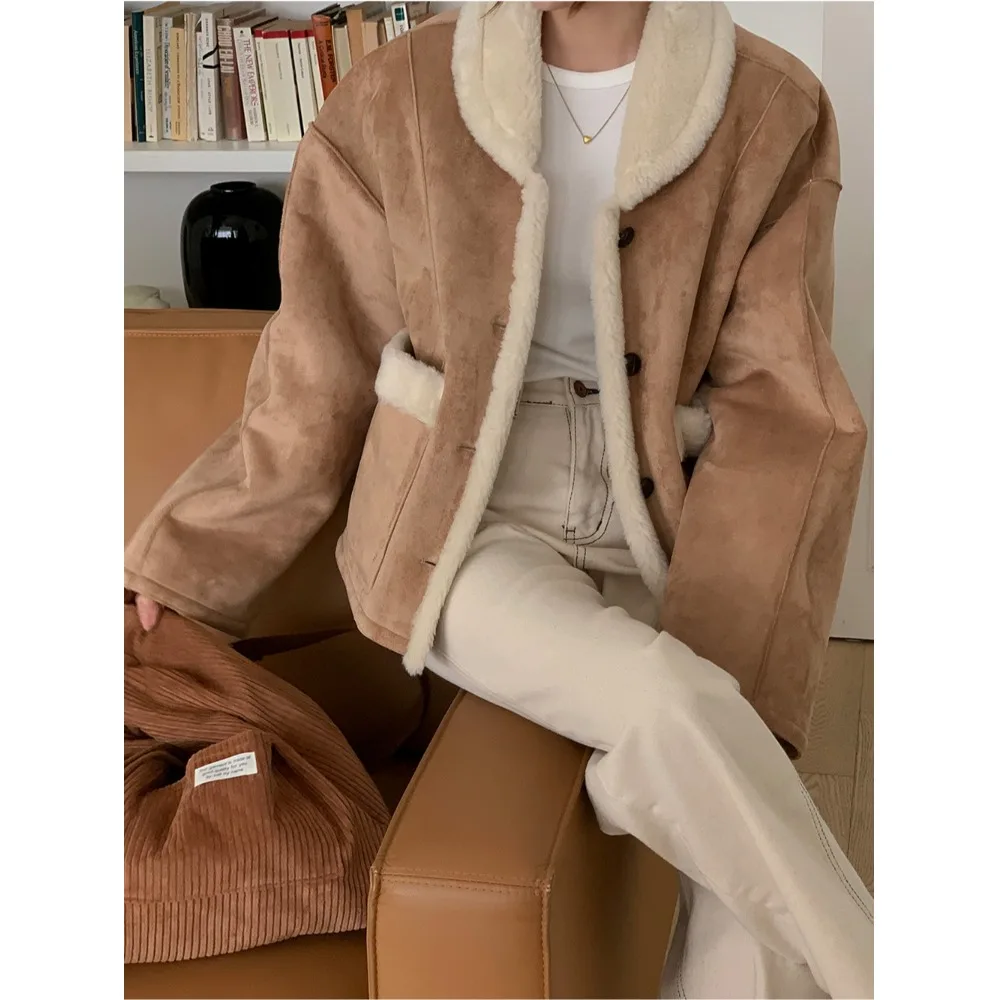 

Korean Sle Winter Vintage Soft Double-Sided Wear Suede Lamb Fur Inteated Collar Women's Outerwear Spring Autumn Winter