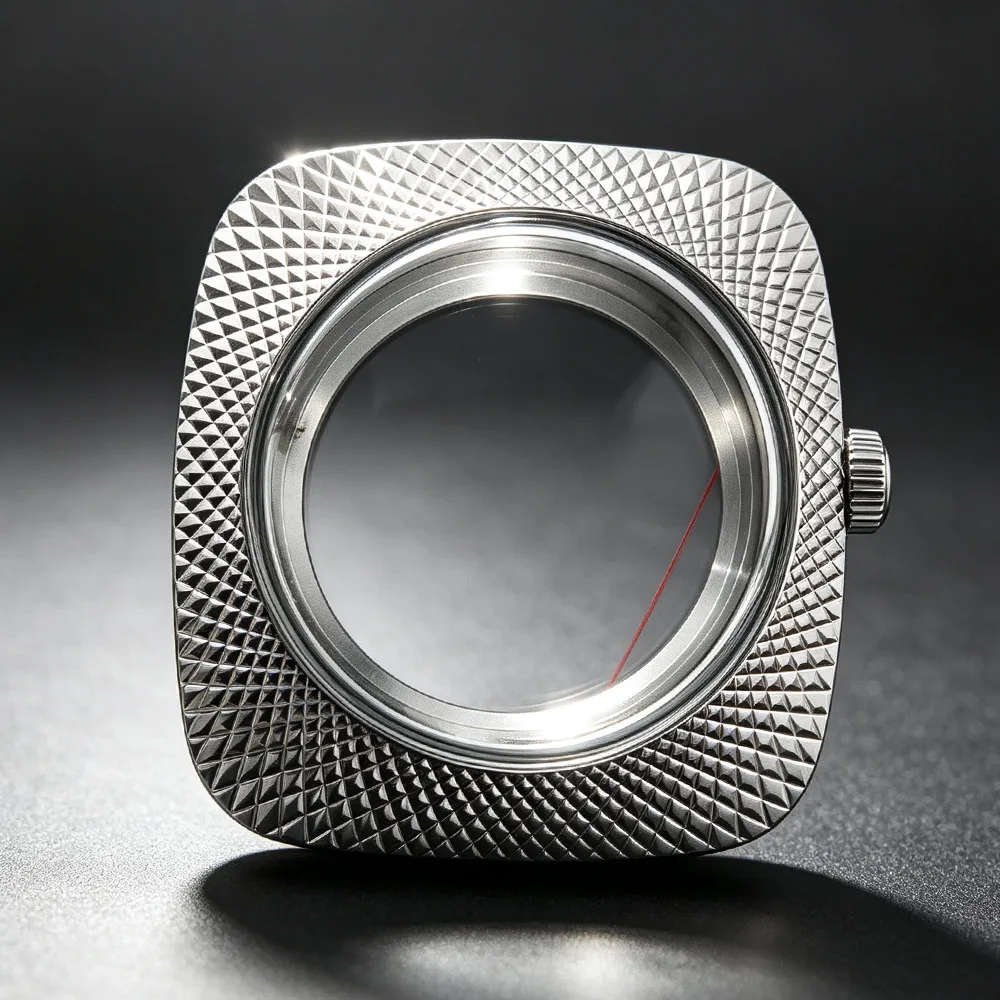 36.5mm Silver NH34 NH35 NH38 Watch Case 19mm Lug Width Double Domed Acrylic Transparent Caseback Engraved Pattern Watch Case
