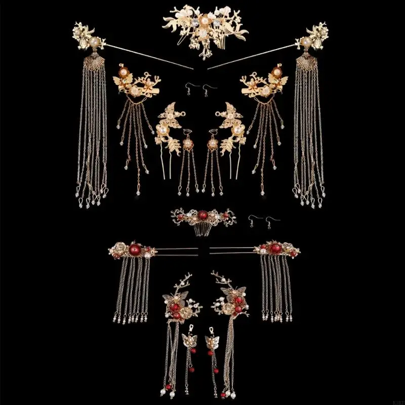 

K3KF Bride Retro Chinese Hair Ornaments Tassel Women Wedding Headdress Earrings