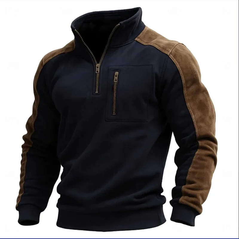 Autumn Winter New Men's Stand Collar Pullover Sweatshirts Fashion Patchwork Sports Tops Male Casual Streetwear Pull On Hoodie
