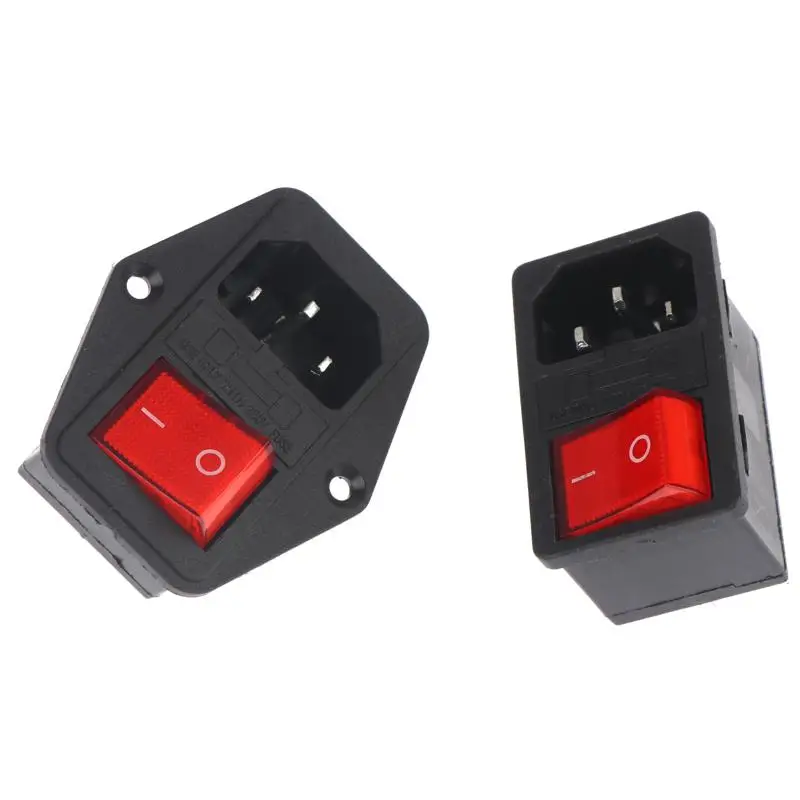 IEC320 C14 Electrical AC Socket 3 Pin Red LED 250V Rocker Switch 10A Fuse Female Male Inlet Plug Connector Embedded Socket Mount