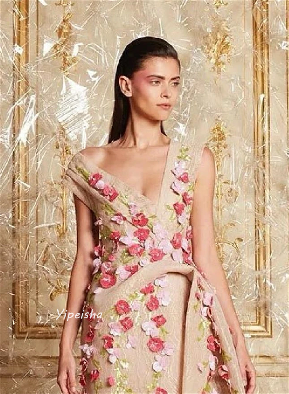 Exquisito vestido de baile clásico con cuello en V, vestidos de Organza drapeados con cuentas de flores para ocasiones a medida, vestidos de noche