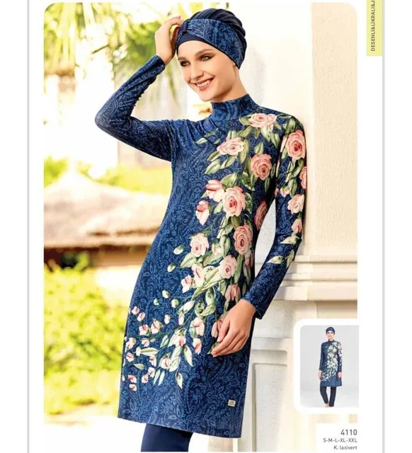 Island 4110 navy blue digital pattern lycral full size hijab swimsuit