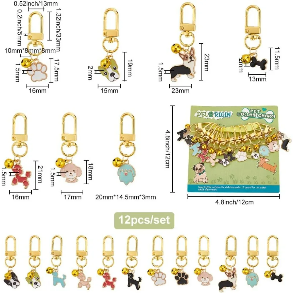 12pcs Pets Collar Pendants for Dog Cat Dog Paw Bone Enamel Pet Small Bells with Swivel Clasps Colorful Clip-on Charms