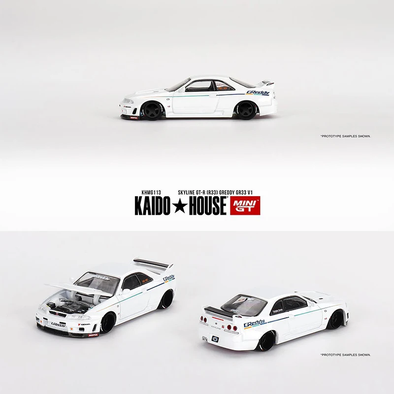 

MINIGT KHMG113 In Stock 1:64 Skyline GTR R33 Greddy GR33 WHITE Openable Hood Diecast Diorama Car Model Kaido House