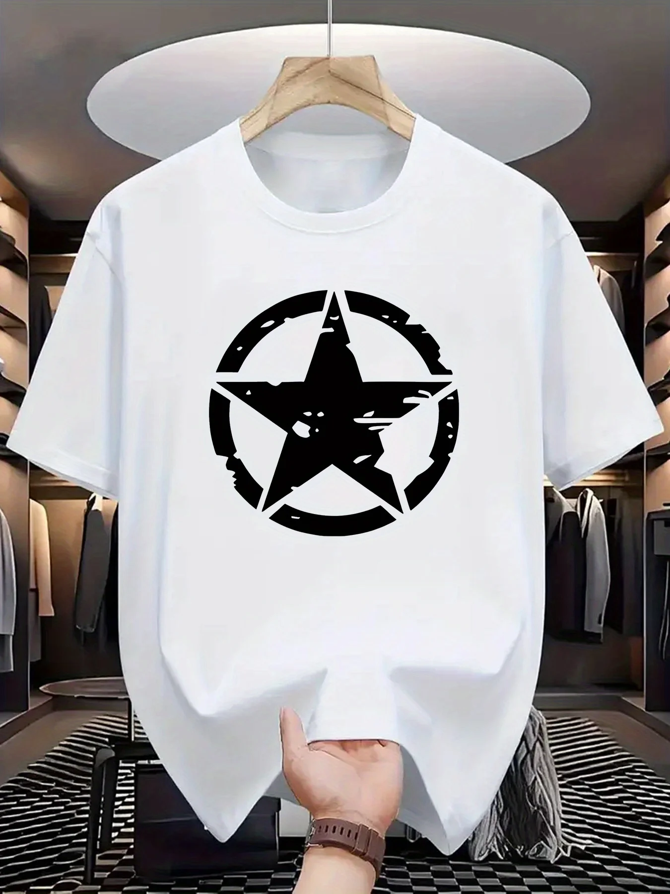 

MenS Casual Crew Neck TShirt with Geometric Five Pointed Star Print 100 Polyester Knit Fabric Slight Stretch