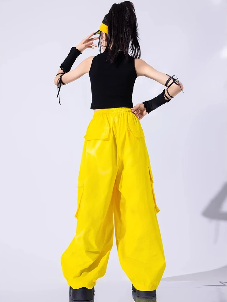 2024 Kids Jazz Dance Clothes Girls Navel Tops Yellow Pants Loose Hip Hop Clothing Loose Street Dance Performance Costume BL13412