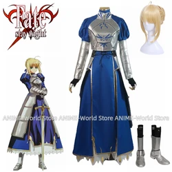 Game Fate Stay Night Saber Blue Long Dress Custom Made Any Size Unisex Cosplay Costumes Wig Shoes Uniform