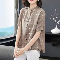 Fashion Printed O-Neck Loose Short Sleeve Plaid Blouse Women's Clothing 2023 Summer New Casual Pullovers Commuter Shirt