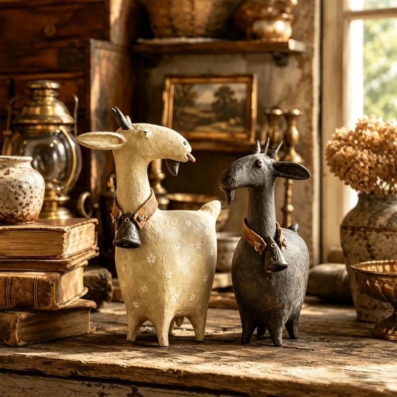 Resin Goat Figurine with Hand-Painted Finish, Sculpting Farmhouse Texture, and Bells Collar Accent for Shelf or Desk Decors 87HA