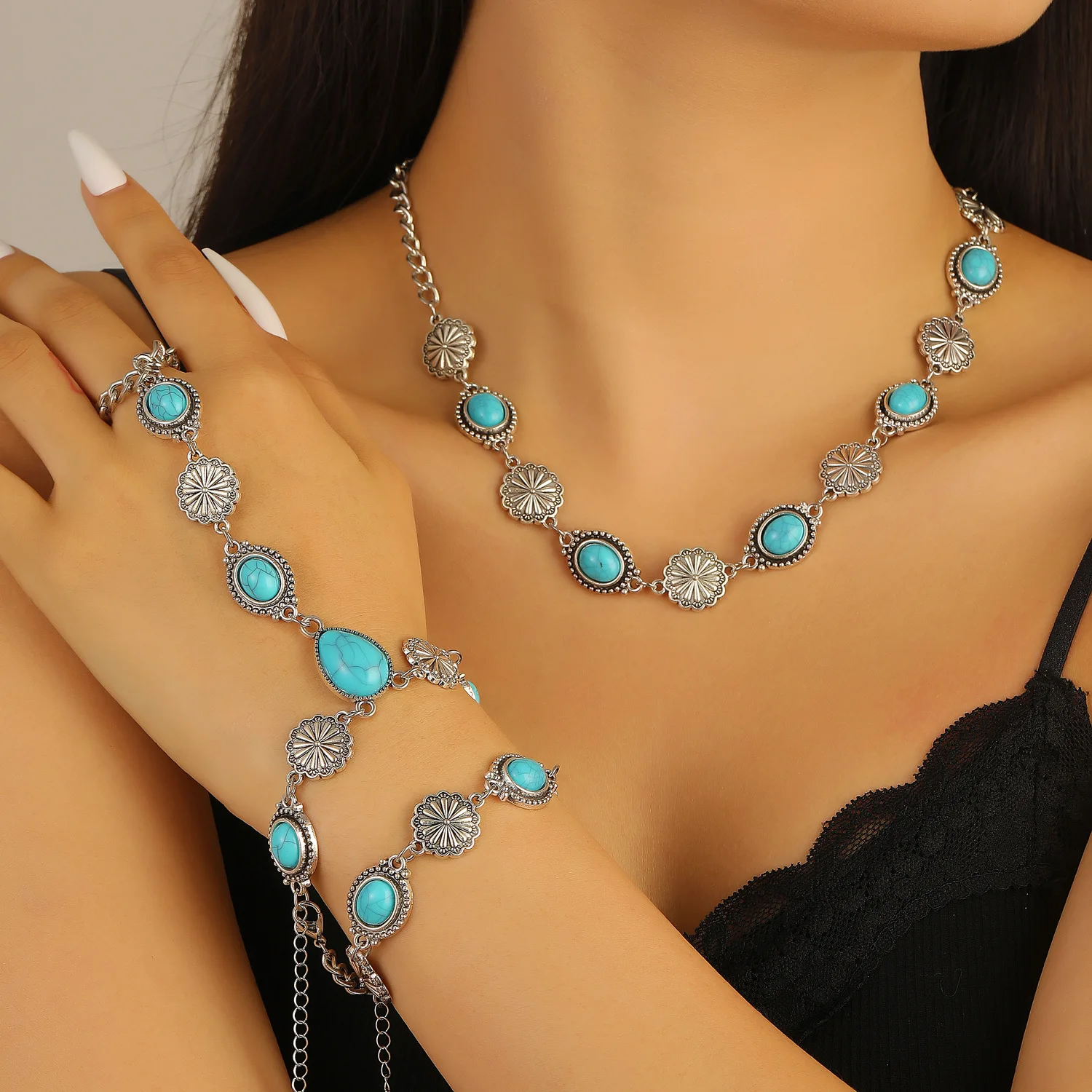 

Vintage Boho Ethnic Style Oval Pattern Necklace Bracelet Finger Chain, Turquoise Jewelry,Retro Bohemian Women Fashion Party Gift
