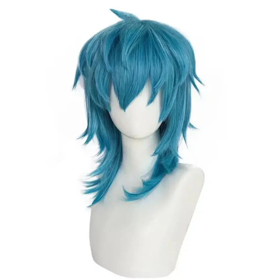 Sally Face Wig Synthetic Medium Length Straight Blue Sally Face Cosplay wigs for Halloween Carnival Comic Exhibition ﻿Wigs