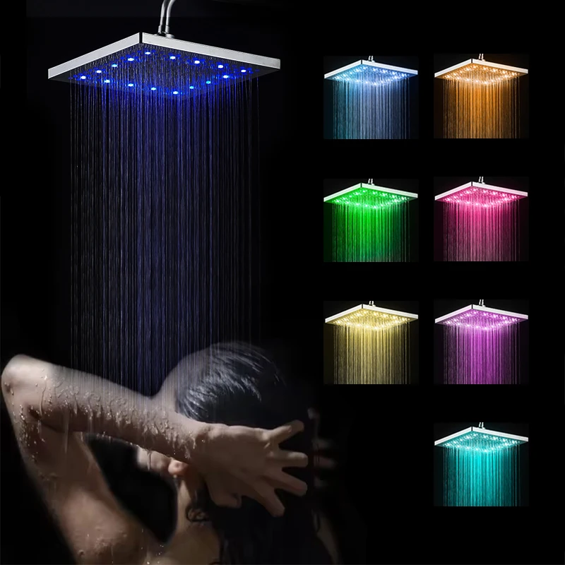 LED Top Rainfall Stainless Steel Shower Head 8 Inch Seven Colors Square Bath Water Temperature Ceiling Mounted LED Nozzle Shower