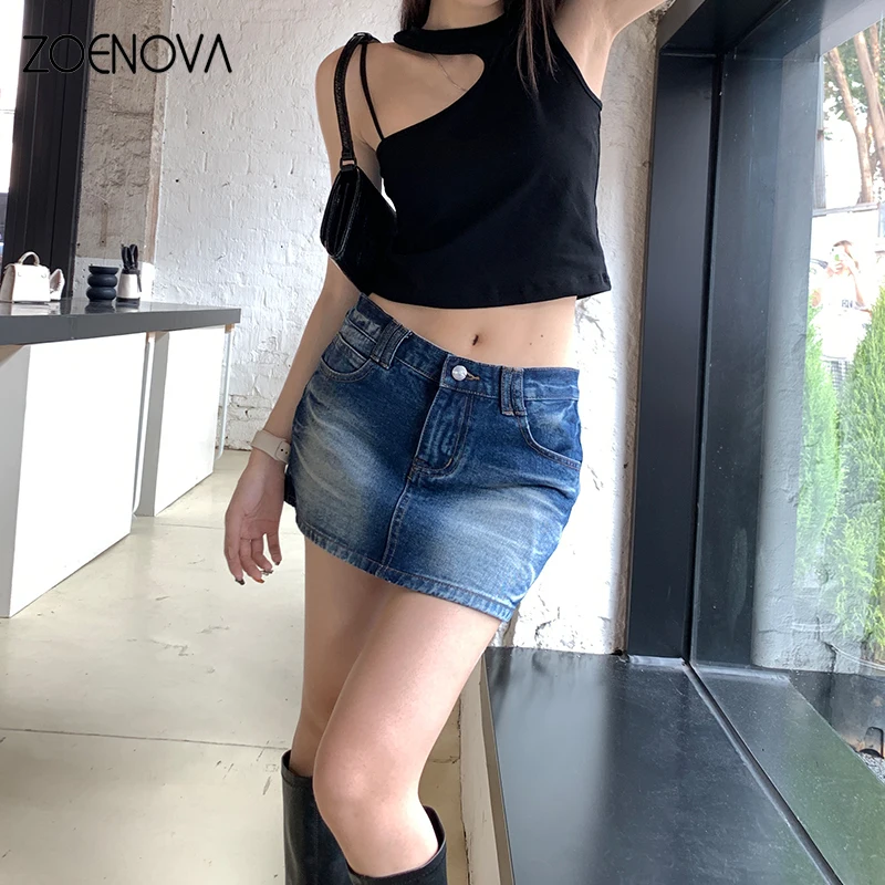 ZOENOVA Summer New Fashion Women's Denim Short Skirt Maillard Street Sexy Versatile Classic Low Waist Loose Casual Jeans Skirt