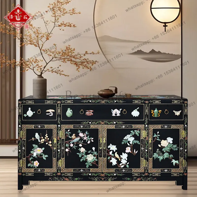 

Лакированный шкаф-тумба с цветочным узором в китайском традиционном стиле, трехсекционный, четырехдверный, для прихожей.
