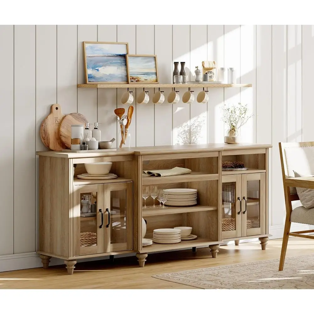 Oak 70'' TV Stand with Glass Door Cabinet and Storage for Living Room & Bedroom