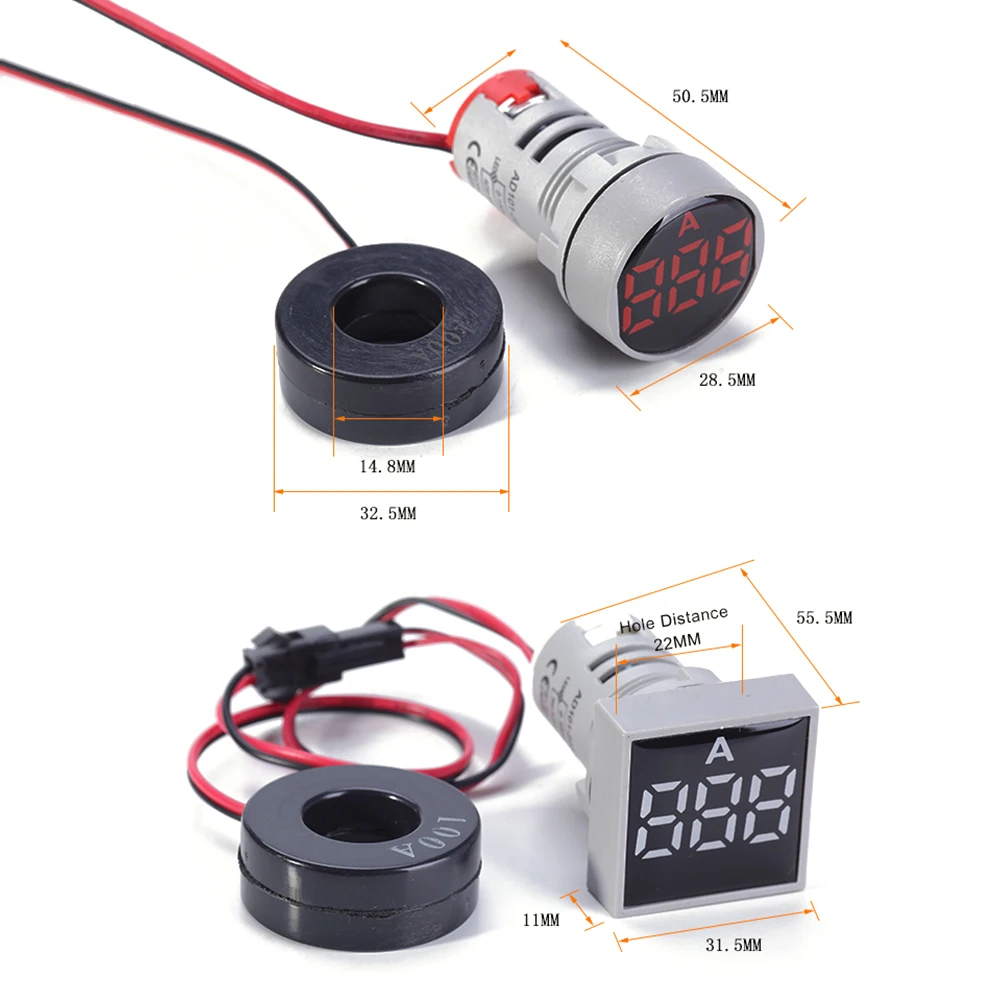 22mm 0-100A Protective Film Mini Square Round Digital Display Current indicator ampere LED Pilot Lamp Light Ammeter Tester Meter