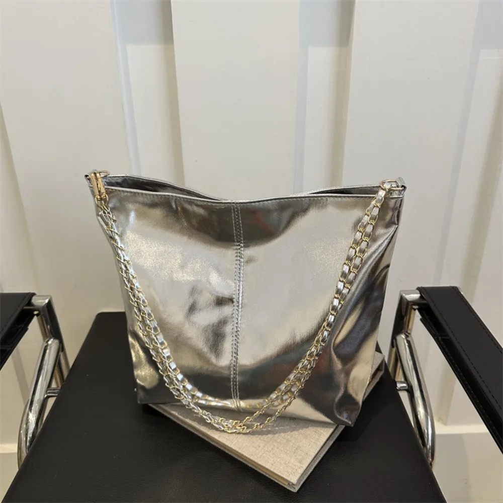 

Simple Shiny PU Leather Tote Bag Solid Color Large Capacity Chain Shoulder Bag Shopping Bag Purse Women Handbag Party