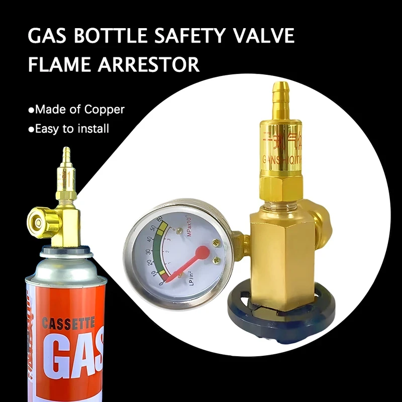 Butane Cylinder Snap-On Safety Pressure Reducing Valve with Pressure Gauge & Flame Arrestor for Portable Mini Gas Bottles