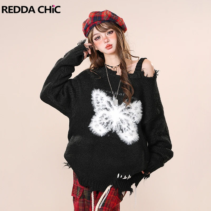 REDDACHiC Off Shoulder Ripped Sweater Women Torn Tassels Asymmetric Long Sleeves Fuzzy Butterfly Knit Jumper Top Vintage Clothes