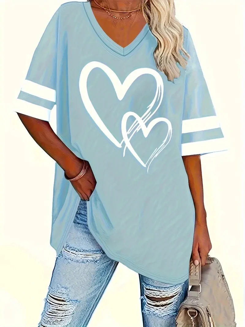 2024 Plus Size Heart & Stripe Print T-Shirt Casual Short Sleeve Top For Spring & Summer Women\'s Plus Size Clothing