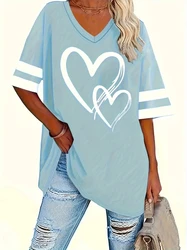 2024 Plus Size Heart & Stripe Print T-Shirt Casual Short Sleeve Top For Spring & Summer Women's Plus Size Clothing