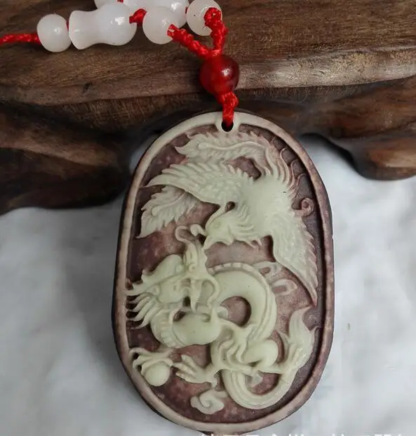 Natural Chinese ZiPao Stone Jade Lucky Dragon Phoenix Pendant + Rope Necklace